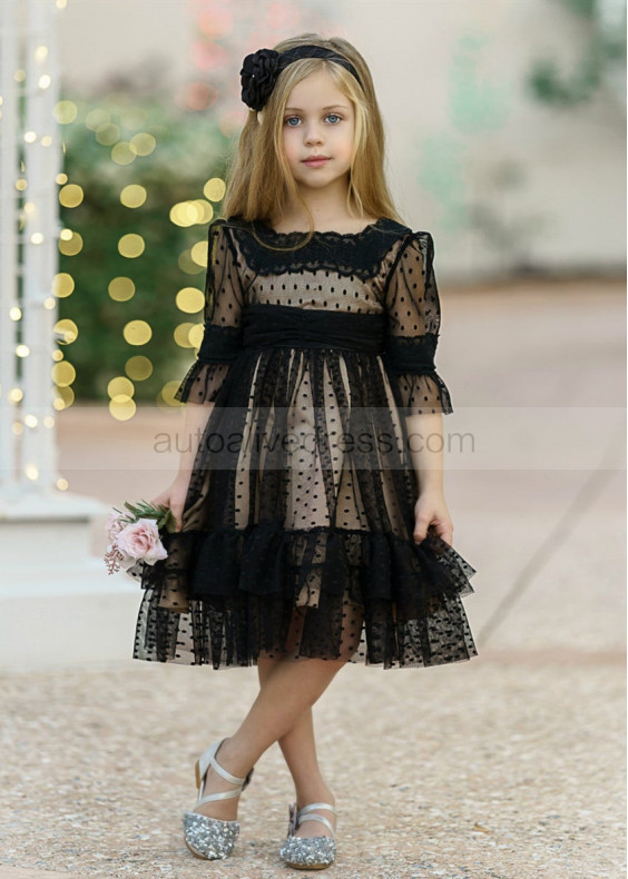 Black Lace Polka Dot Tulle Rustic Flower Girl Dress Black Lace Polka Dot Tulle Rustic Flower Girl Dress